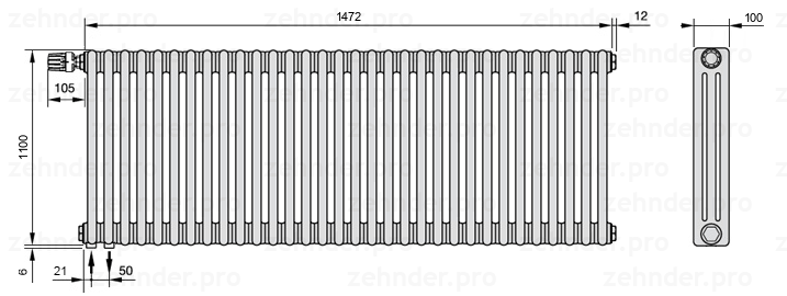 Схема (чертеж) Радиатор Zehnder Charleston 3110/32 №V001 Белый глянцевый RAL 9016